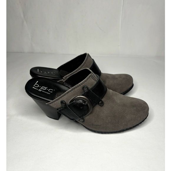 B.O.C. By Born Grey Suede Slip-On Black Buckle Detail Mules Clog - Picture 2 of 9